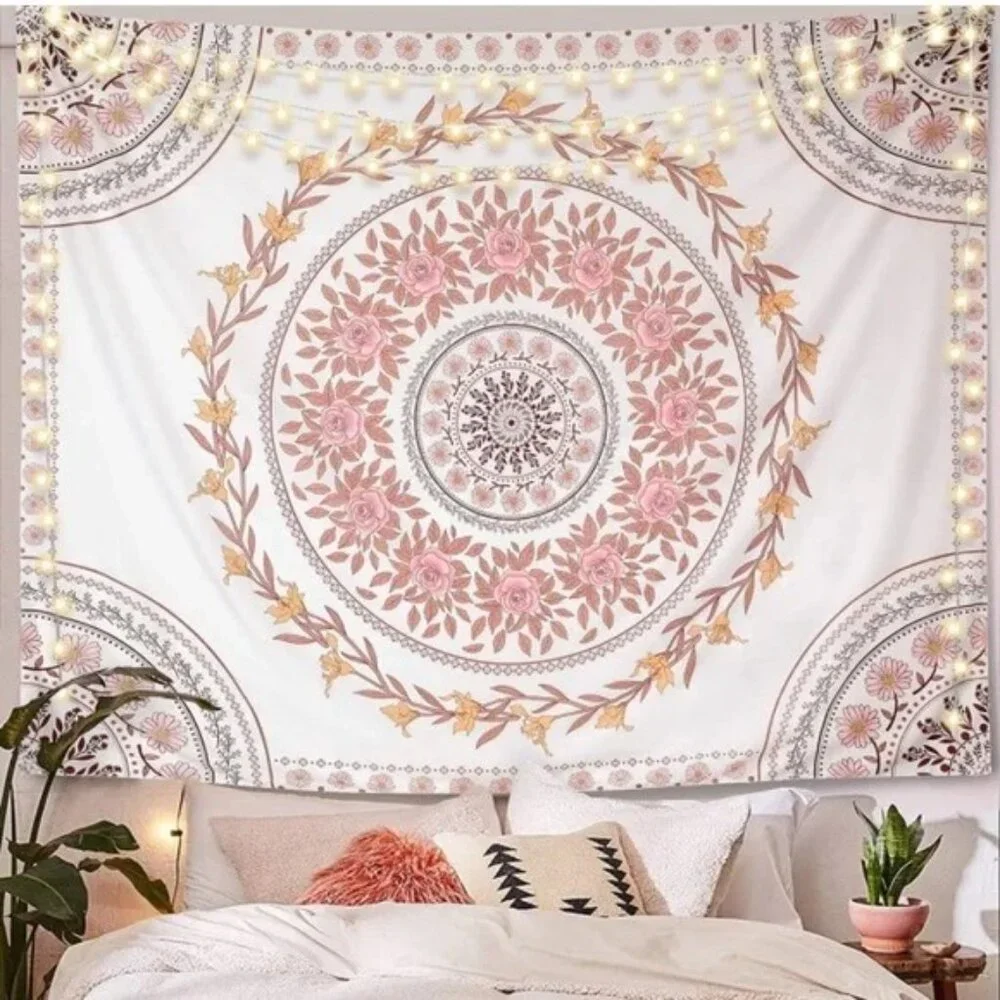 Floral Mandala Boho Neutral Pink/Cream Rose/Daisy Tapestry Wall Art Home Decor